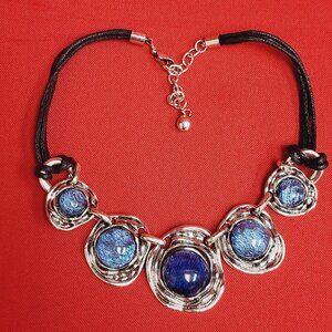Blue Bead Silver Tone Black Cord Necklace